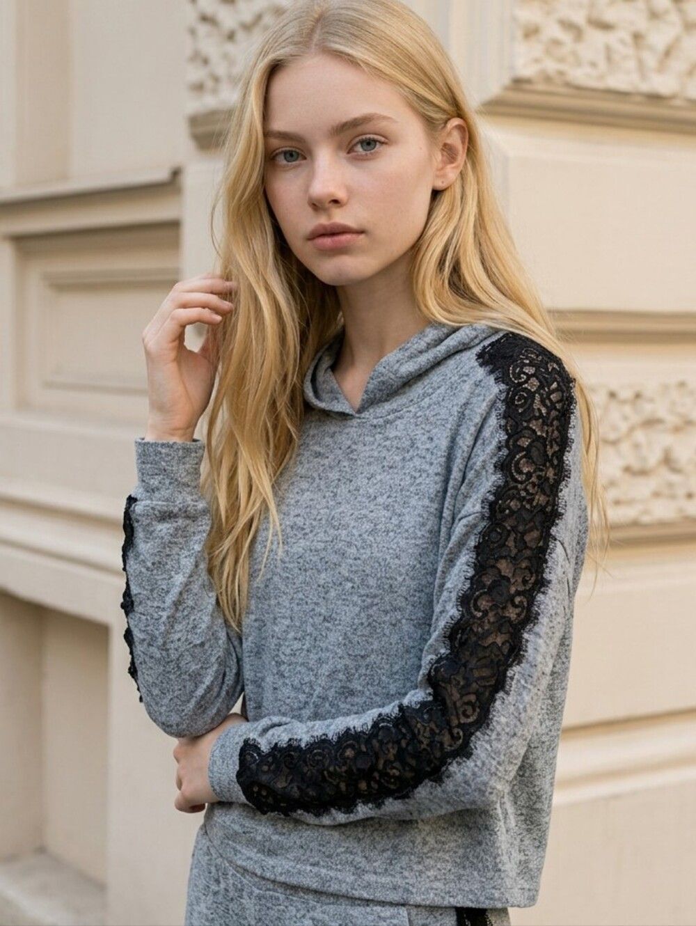 Justice Girls Hoodie Sweater 14 16 Blue Lace Sleeve Knit Pullover Soft School